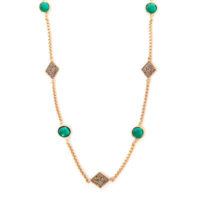 The Camilla Necklace in gold with green circle pendants and sparkly diamante pendants around the chain