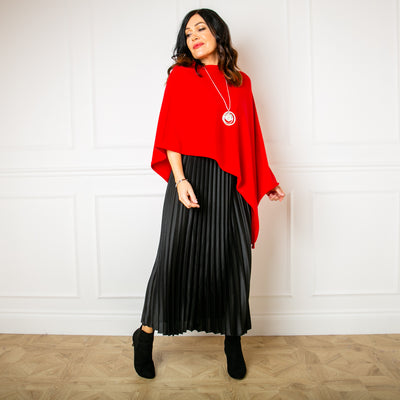 Tilley poncho in Red, super soft, high neck, waterfall shape, easy to wear, perfect for layering, flattering shape